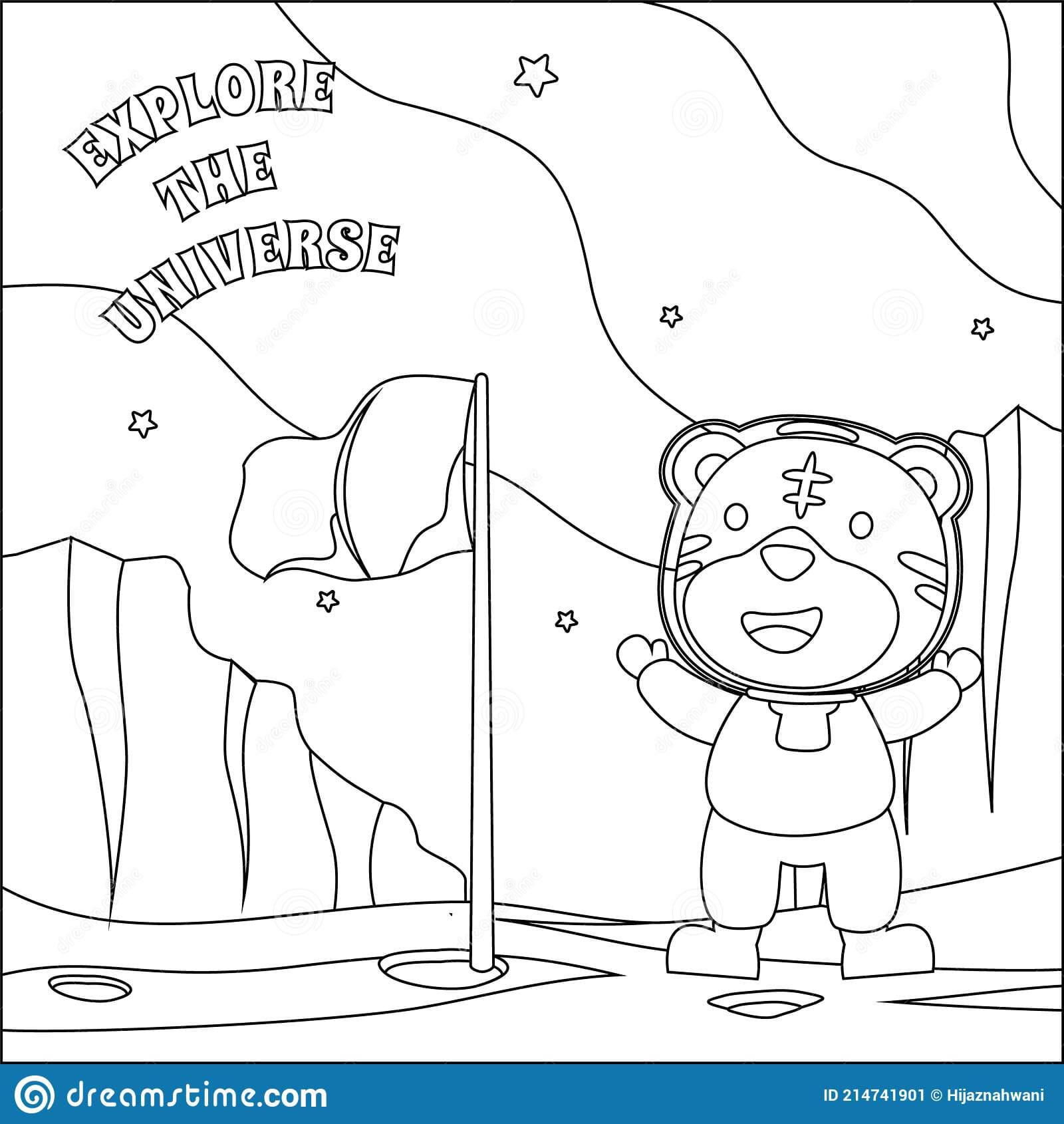 Cute tiger astronaut with flag on the red planet Coloring Page