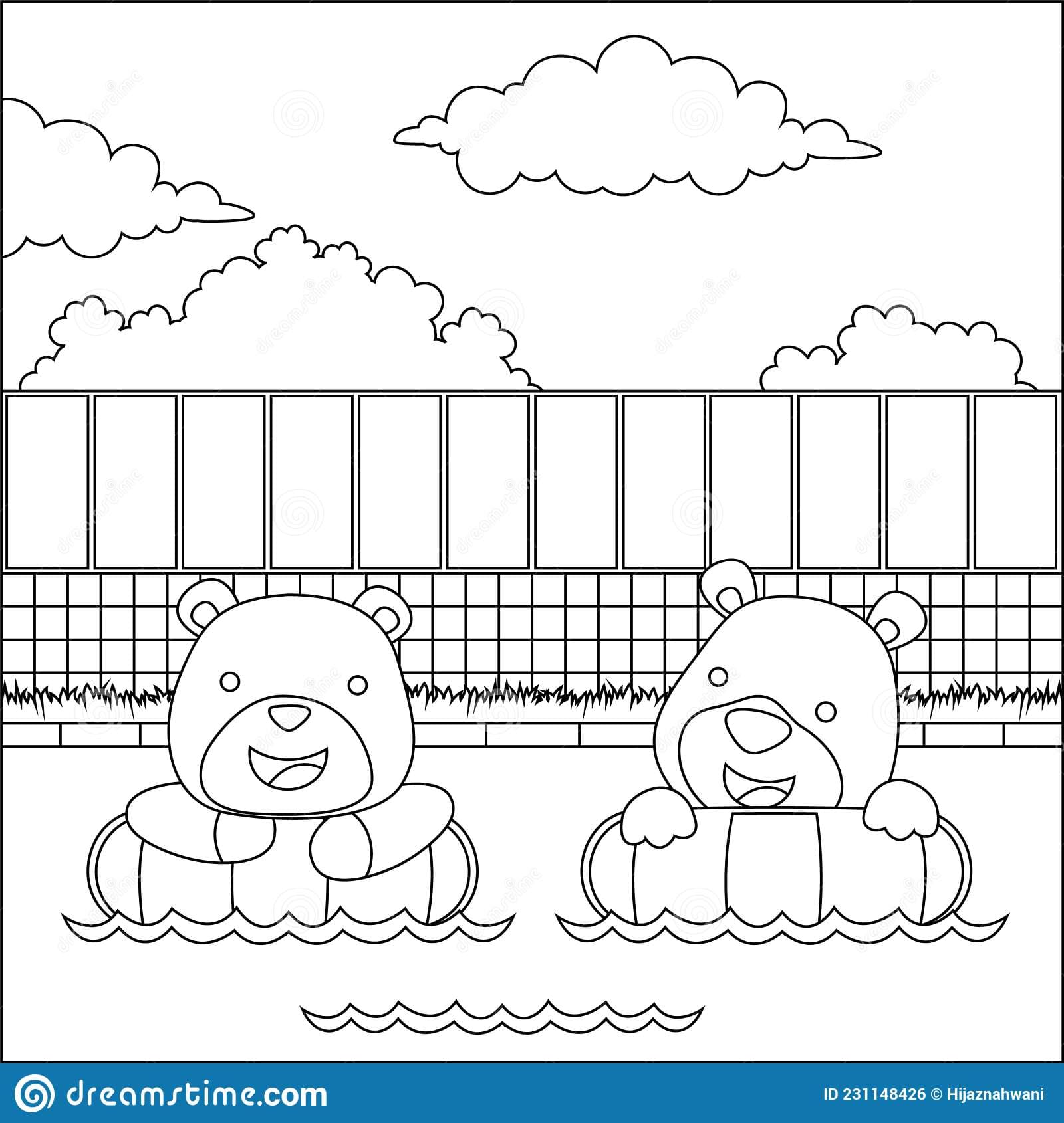 Cute two bear in swimming Coloring Page