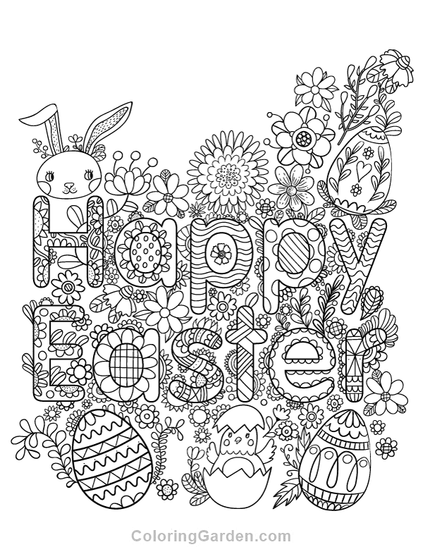 Detailed Happy Easter Text Coloring Page