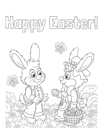 Easter Bunnies in the Garden Coloring Page