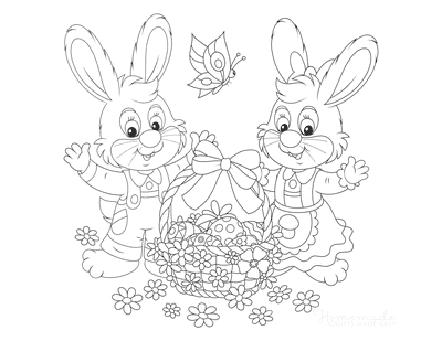 Easter Bunnies with Basket Coloring Page