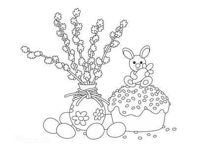 Easter Cake, Willow, and Eggs Picture to Color Coloring Page