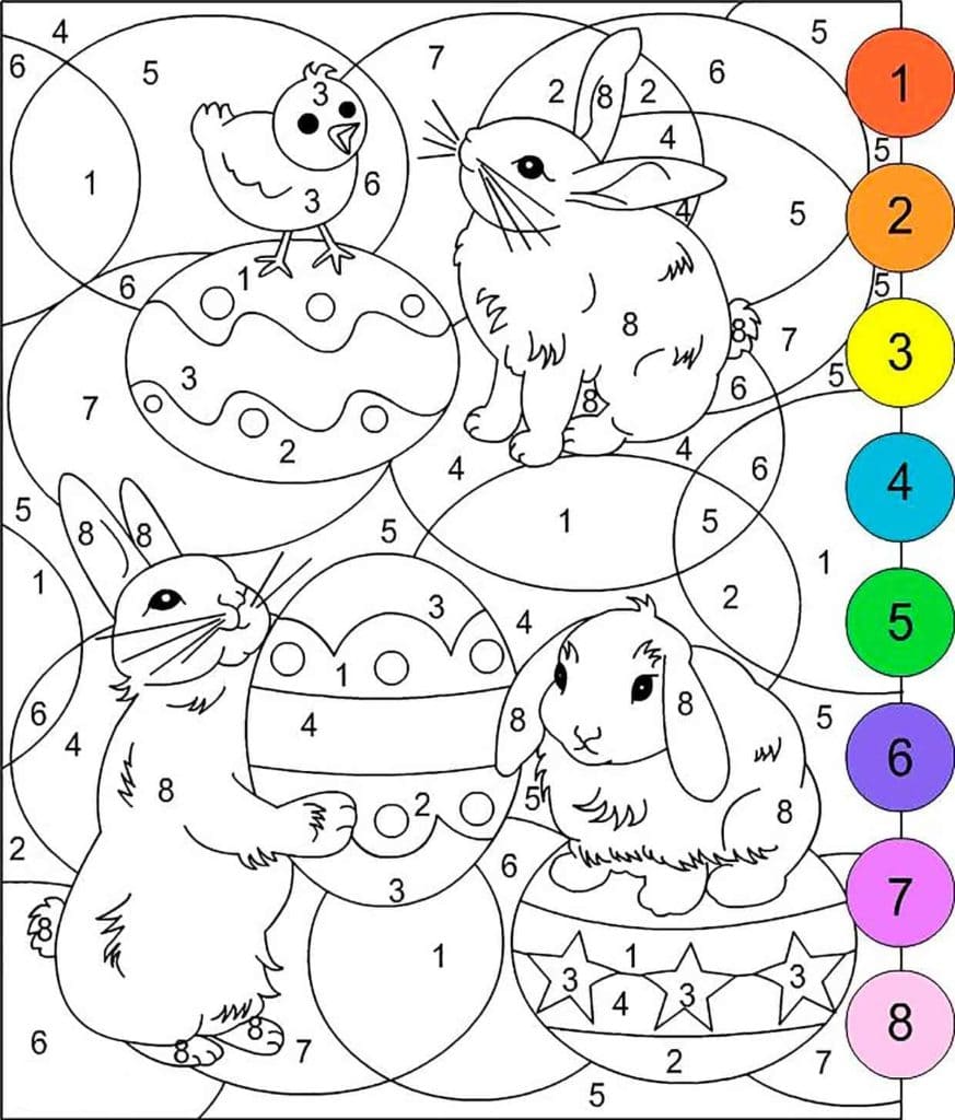 Easter bunnies, chick and eggs Coloring Page