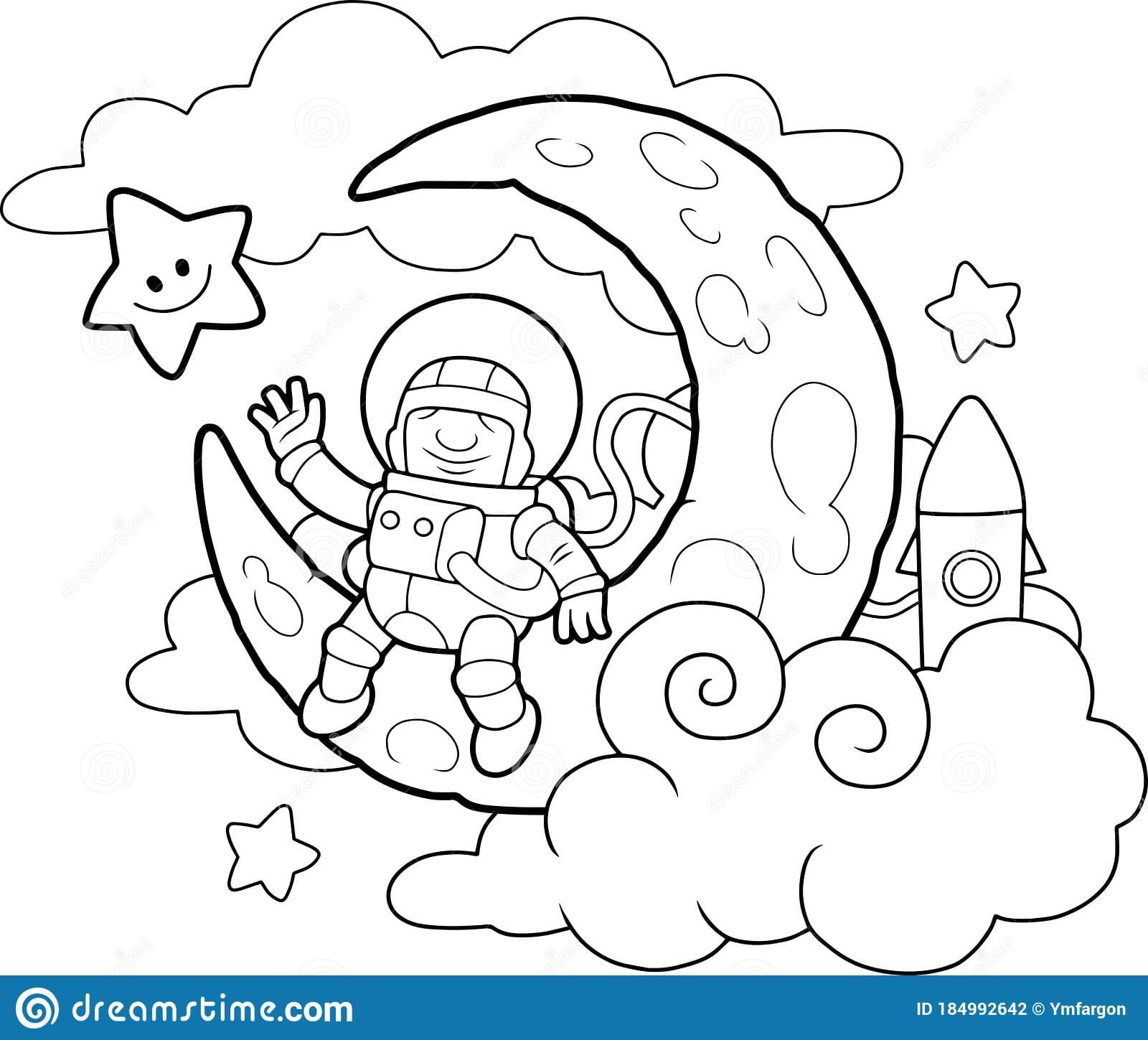 Funny astronaut sitting on the moon coloring book