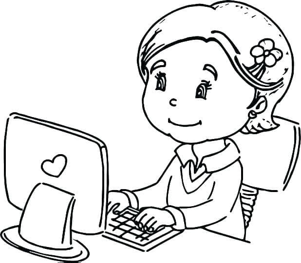 Girl Studying on Computer coloring page