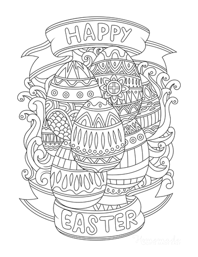 Happy Easter Sign with Patterned Eggs Coloring Page