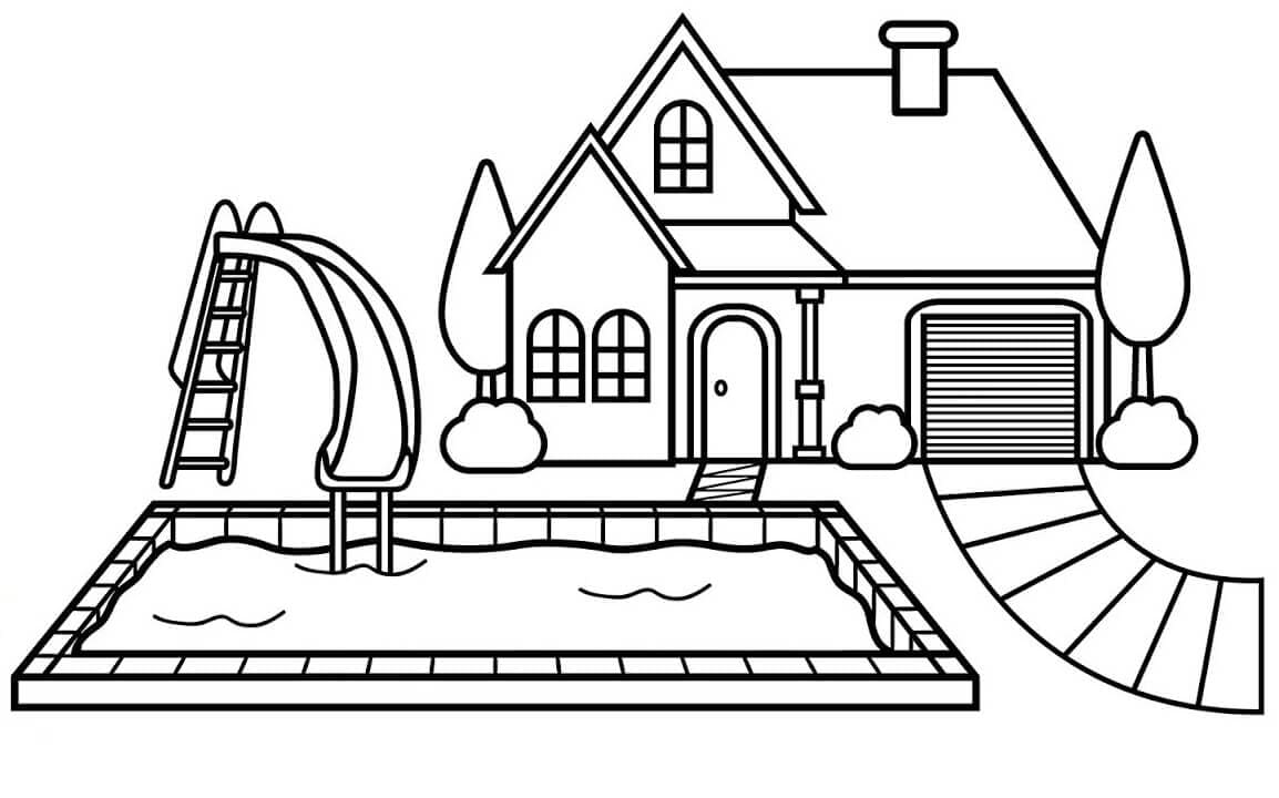 House with Swimming Pool Coloring Page