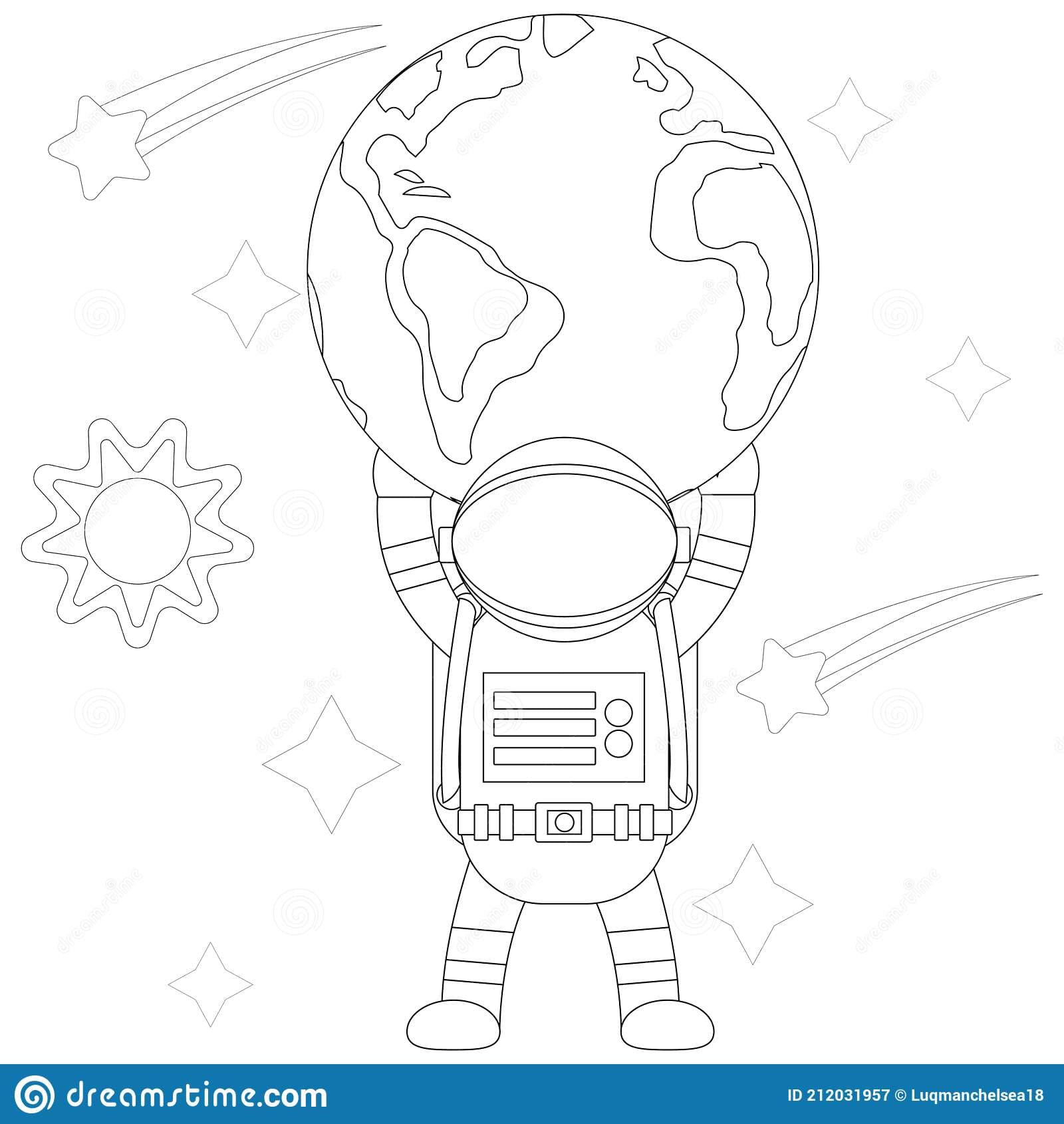 Illustration vector graphic coloring book of astronaut lift up earth