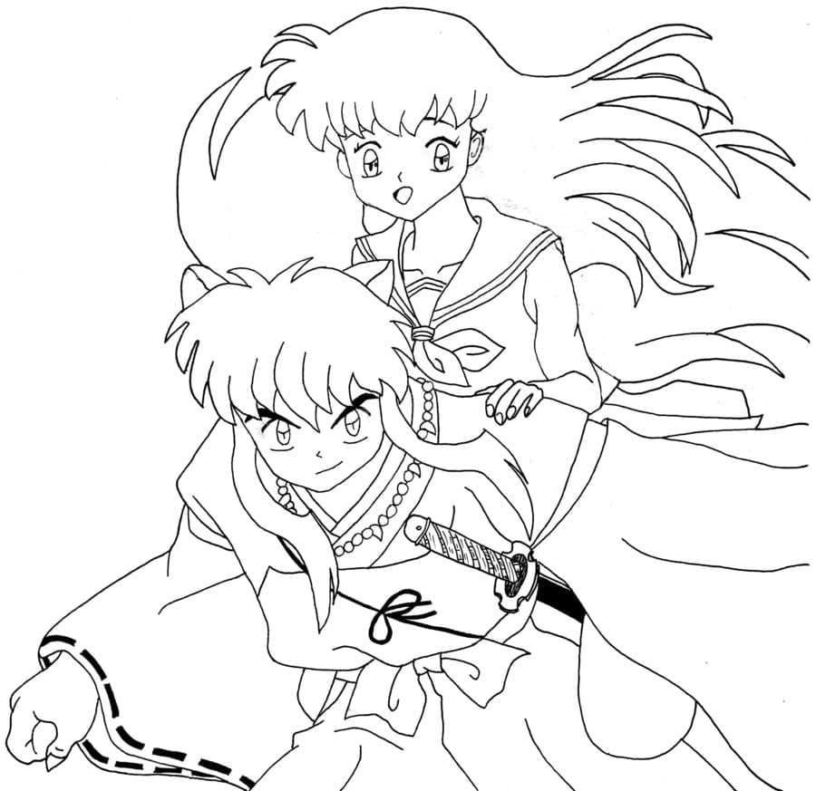 Inuyasha and Kagome Happy to Print Coloring Page