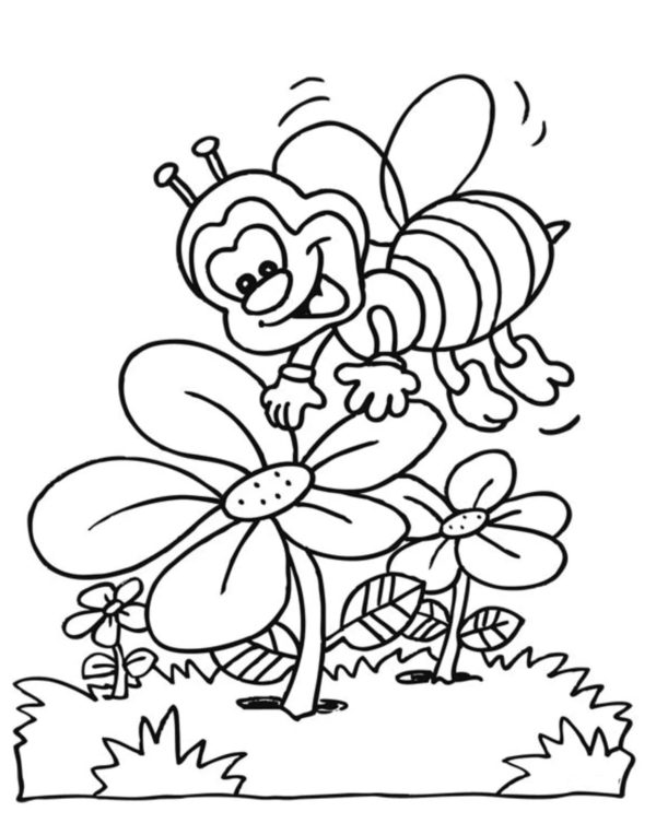 Joyful bee found a lawn with flowers Coloring Page