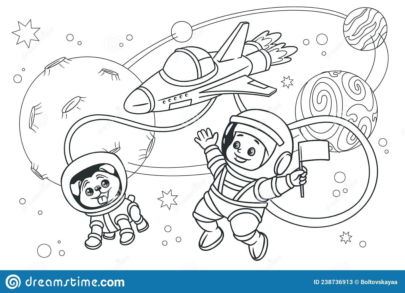 Kid astronaut with a dog astronaut soar in space against the background of stars and planets