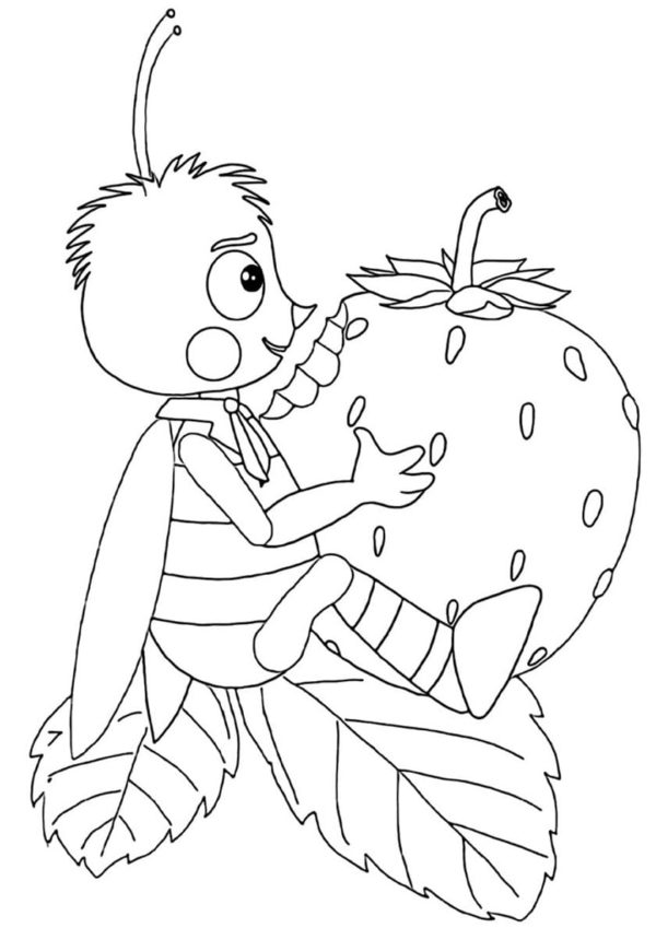 Kind Little Bee Eats Strawberries Coloring Page