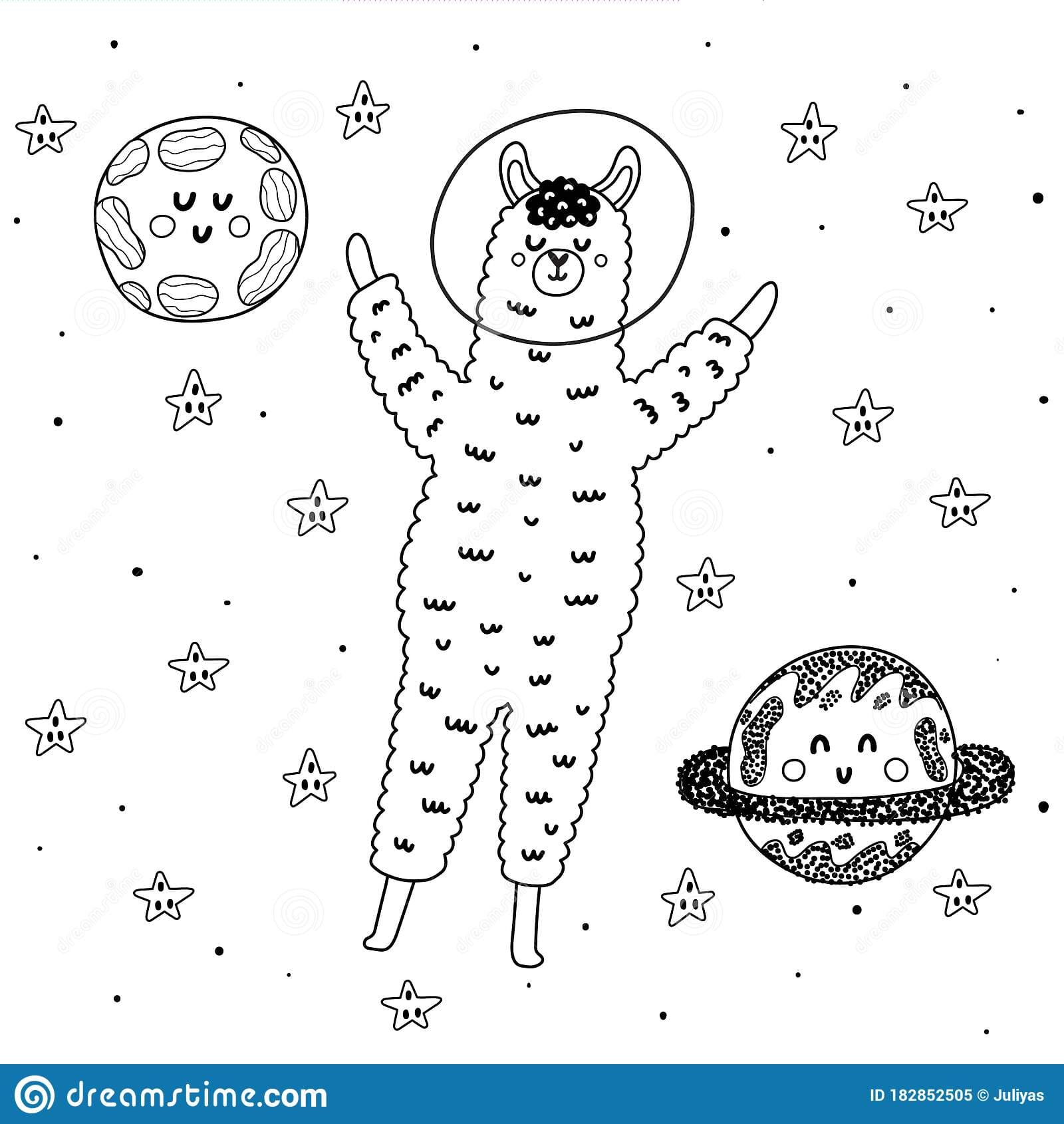 Llama astronaut in space coloring page