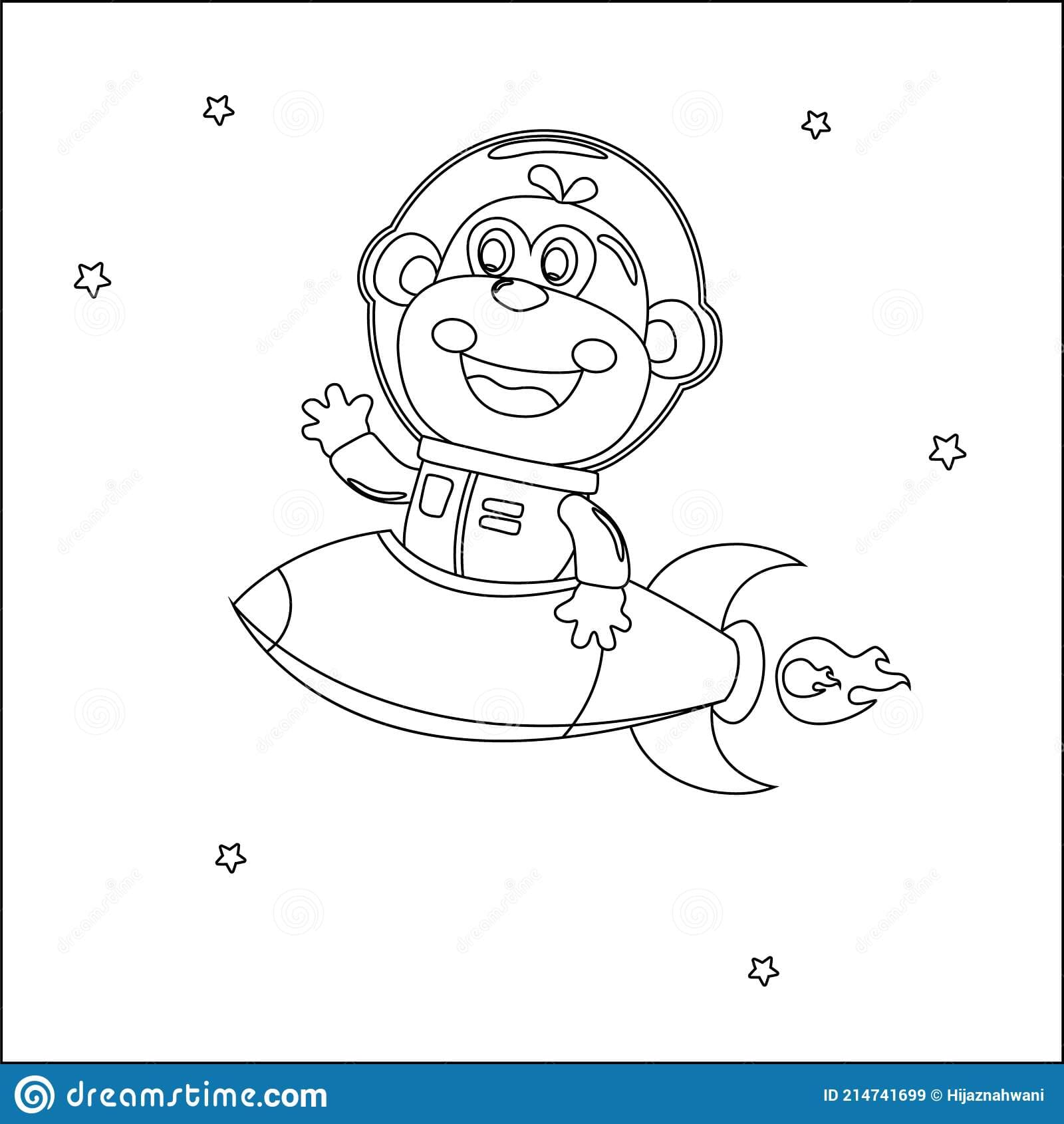 Monkey astronaut play with his rocket Coloring Page