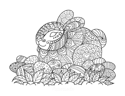 Patterned Bunny with Eggs for Adults to Color Coloring Page