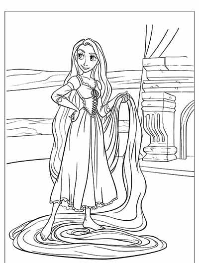 Rapuzel Holds Hair While Standing Coloring Page