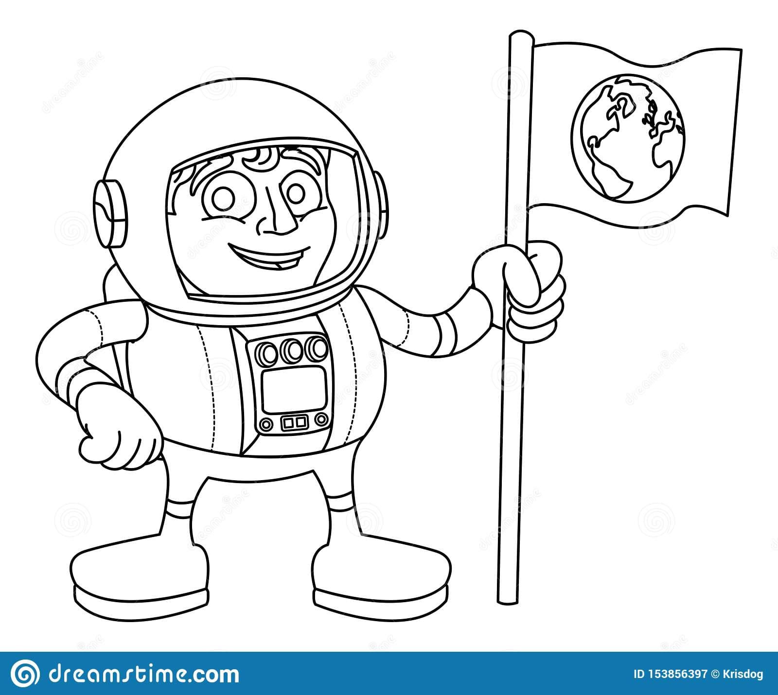 Space Man Cartoon Astronaut Holding Flag