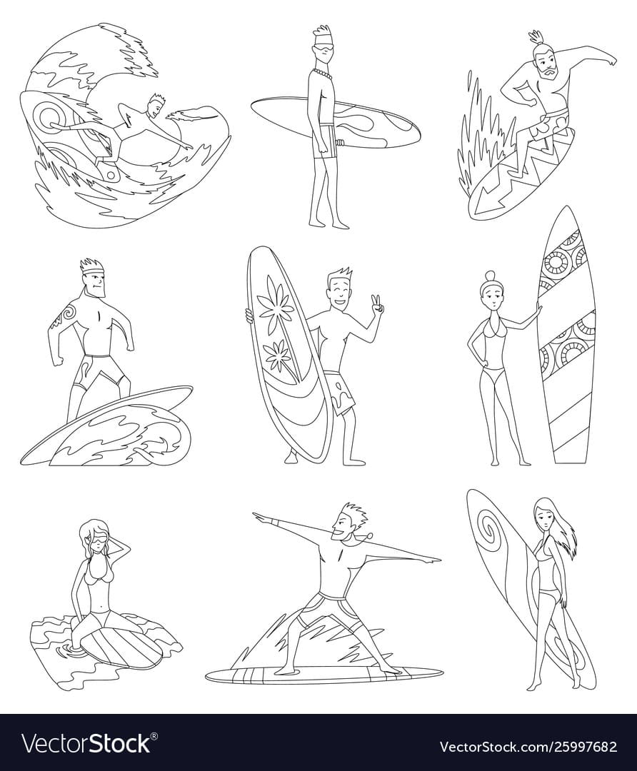 Surfboarders coloring book riding on waves set vector image