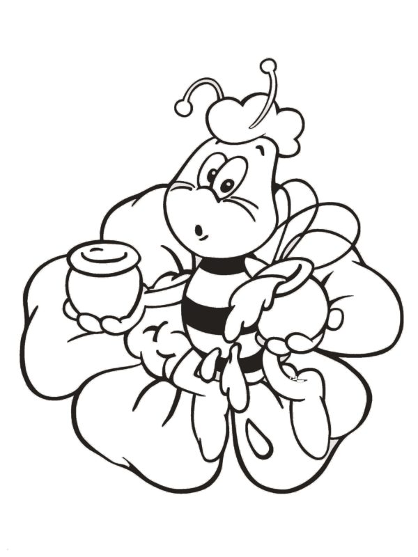 Surprised bee with honey pots Coloring Page