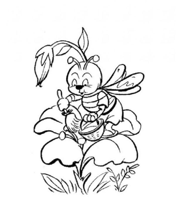 The diligent bee pollinates the flower Coloring Page