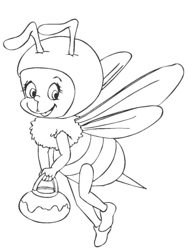 The little bee girl carries nectar in her purse Coloring Page