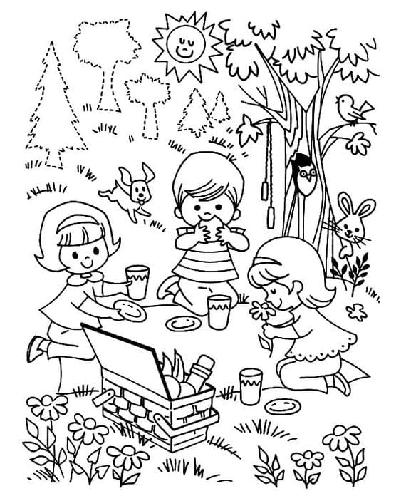 Three Children Playing Family Picnic To Print Coloring Page