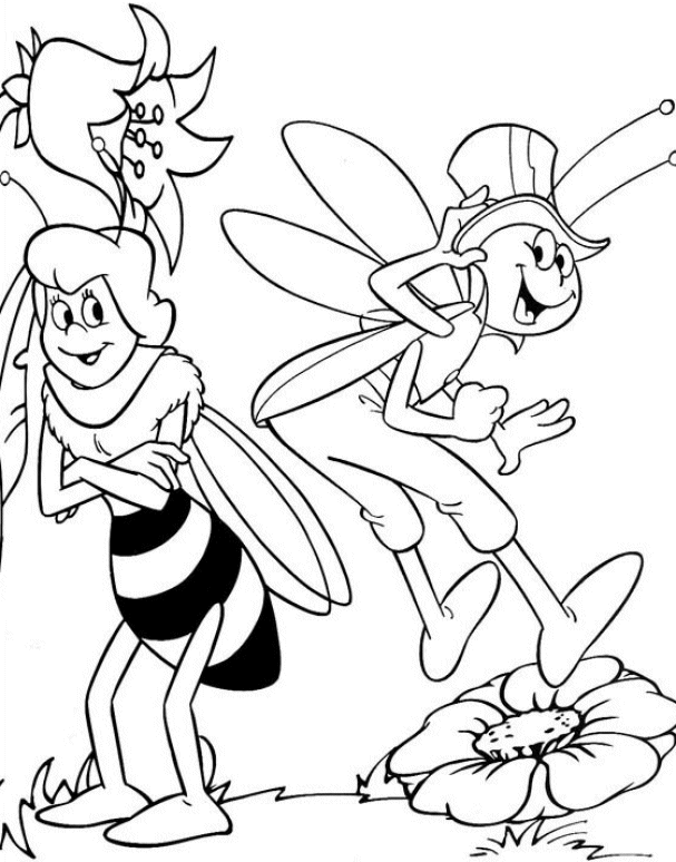 Two Bee And Flower cute Coloring Page