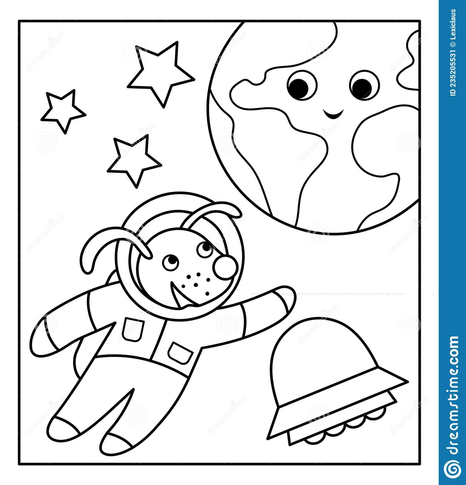Vector black and white funny astronaut dog in space with planet Earth, stars, UFO