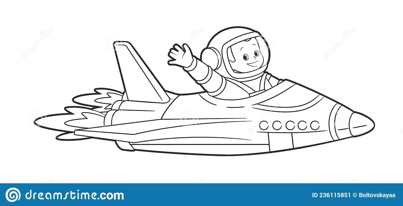 An Astronaut flies on a shuttle among the planets and waves his hand in greeting Coloring Page