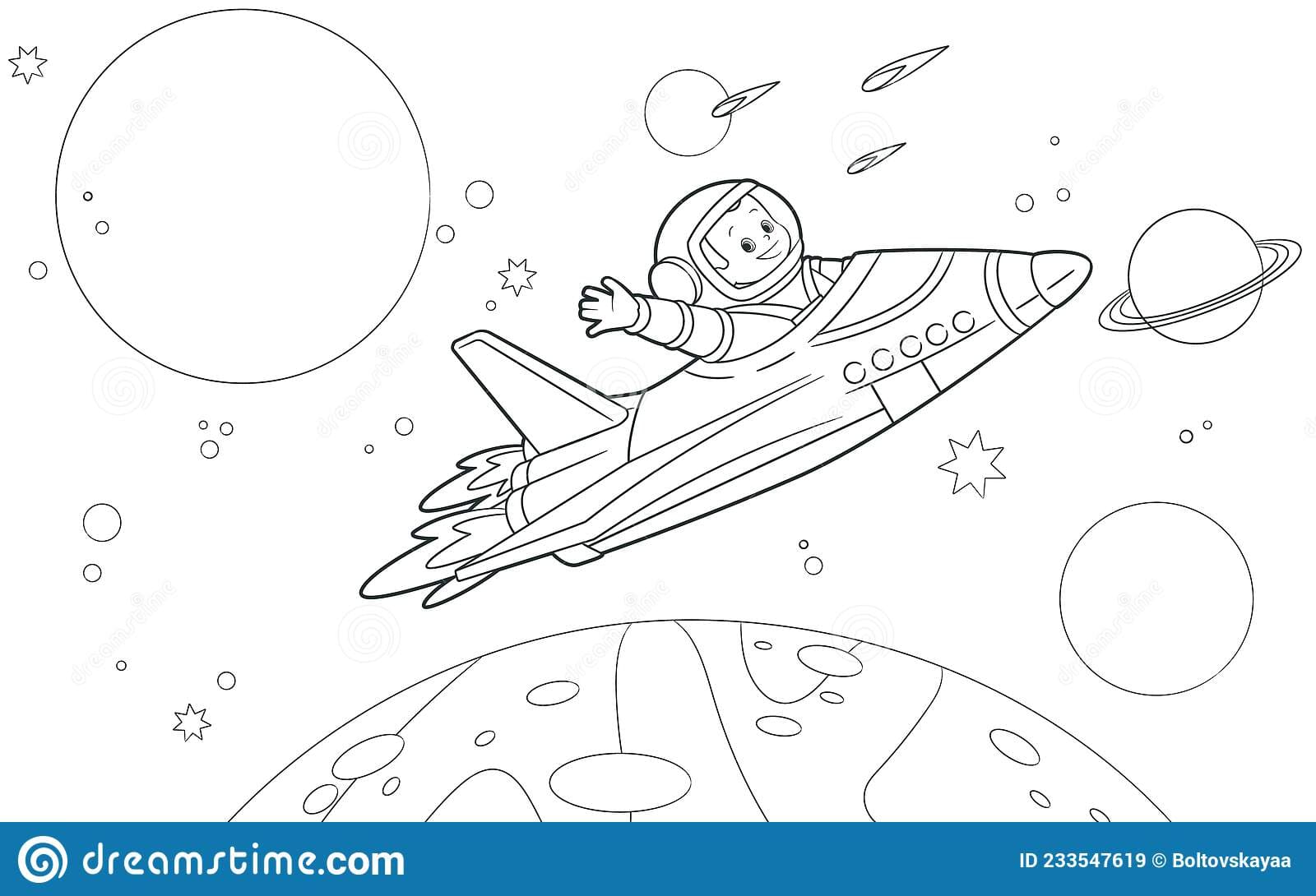 An astronaut flies on a shuttle among the planets