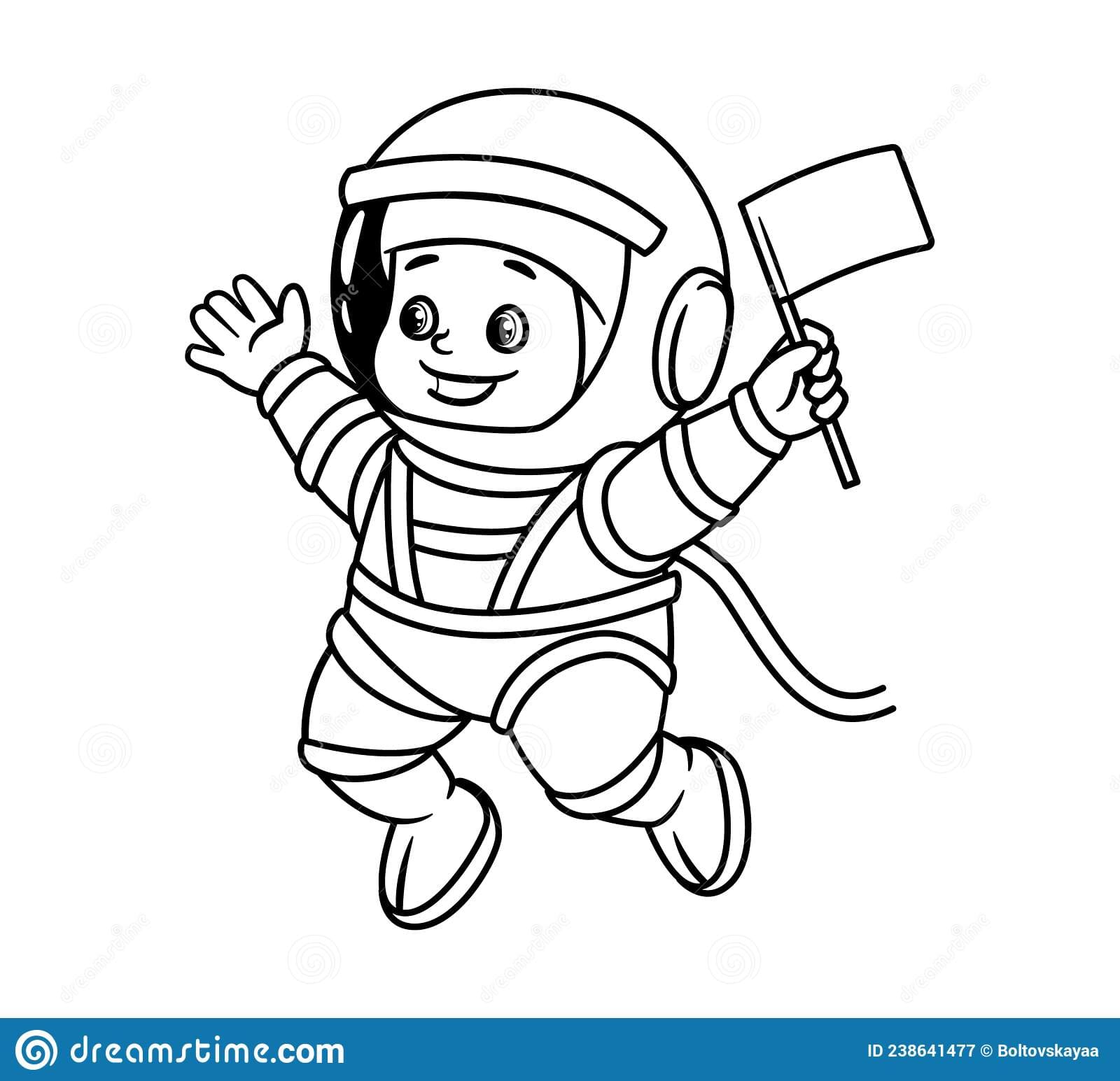 An Astronaut toddler in a helmet and a spacesuit waves a pioneer flag