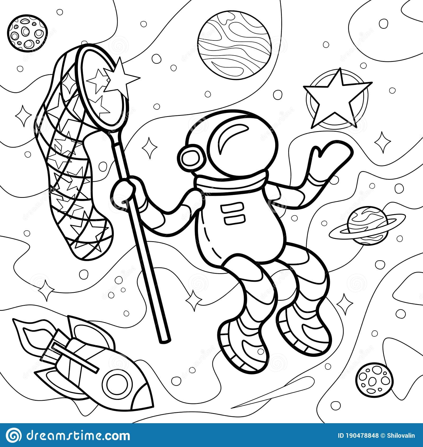 Astronaut catches stars with a net Coloring Page