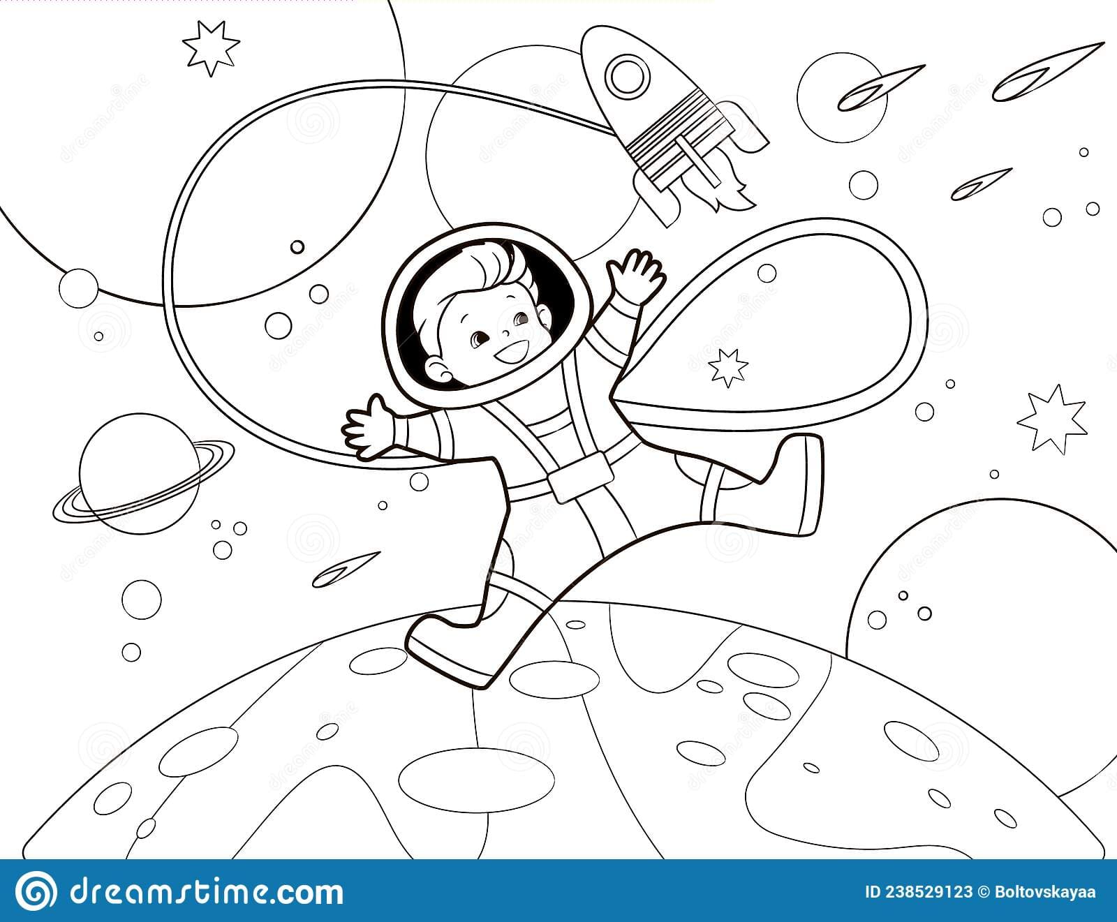 Astronaut flying in open space against Coloring Page