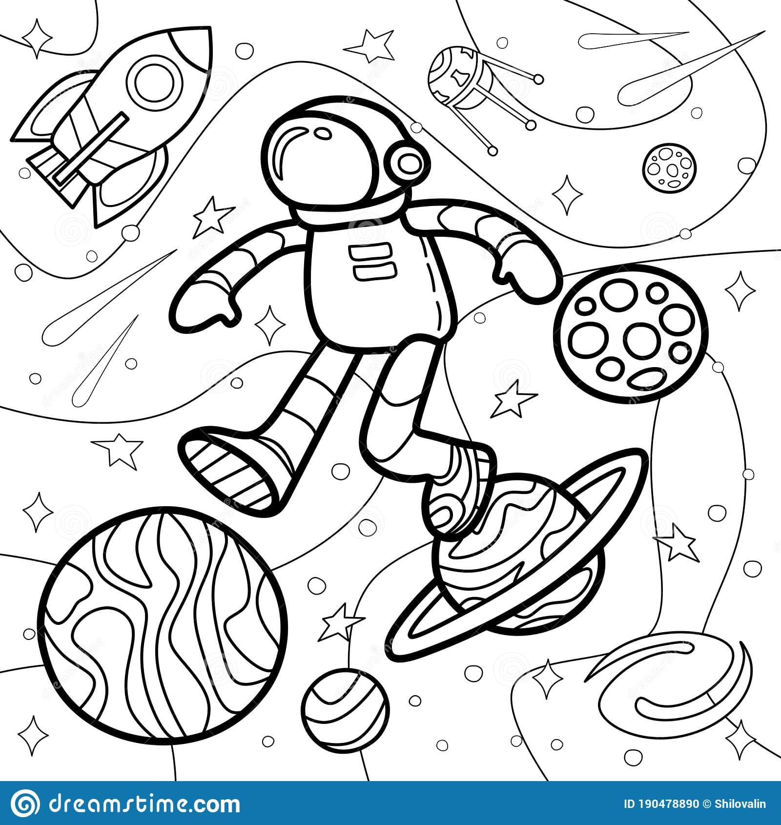 Astronaut jumping through planets and stars Coloring Page