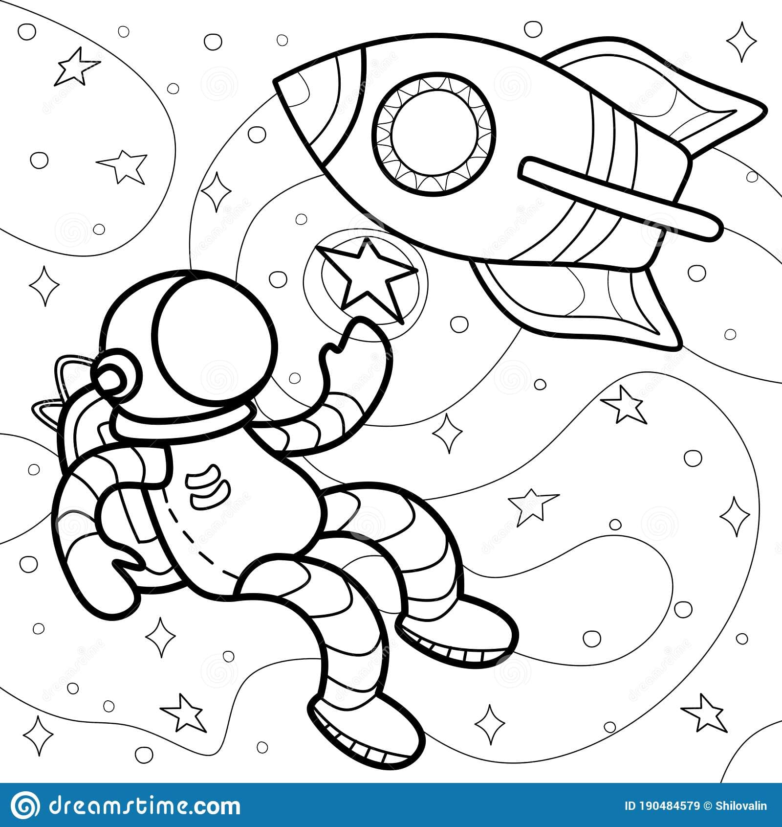 Astronaut with a rocket in space Coloring Page