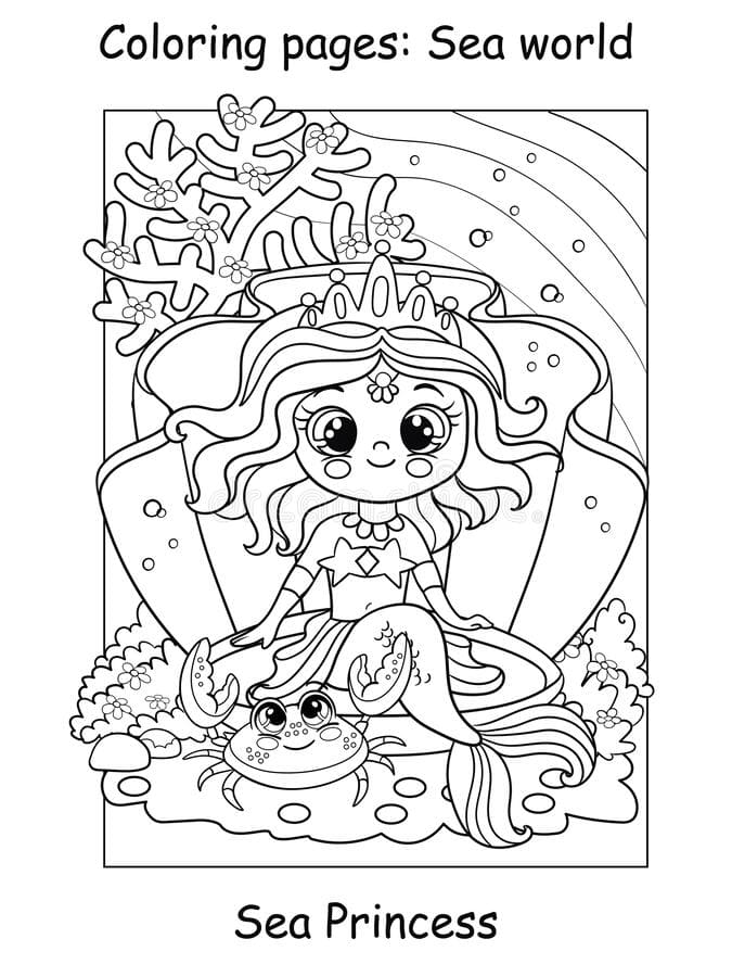 Cute Mermaid Seashell Crab Beauty Children Coloring Page