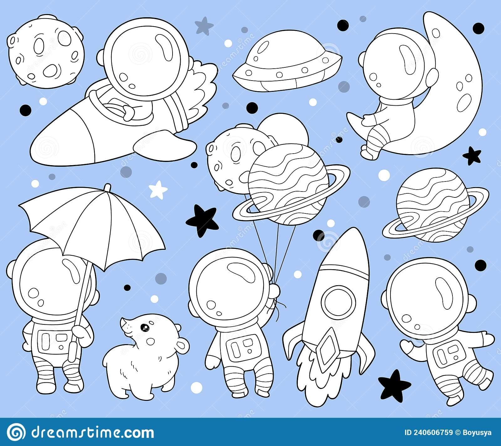 Coloring page with cartoon astronaut collection