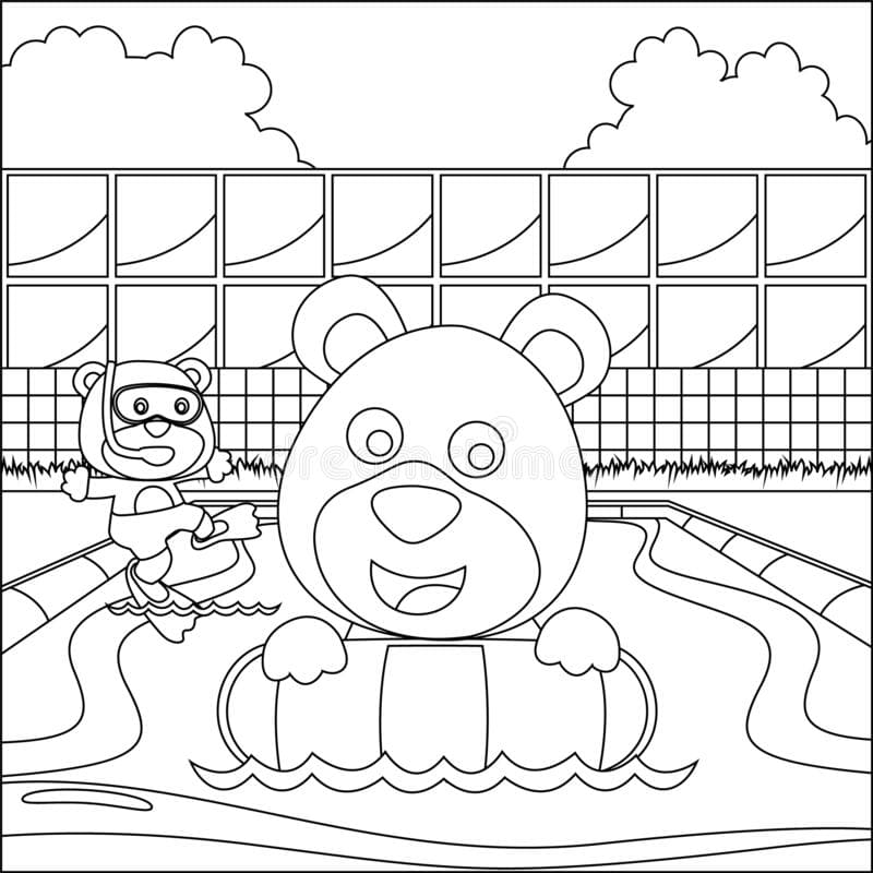Cute Two Bear Swimming Animal Cartoon Character Coloring Page