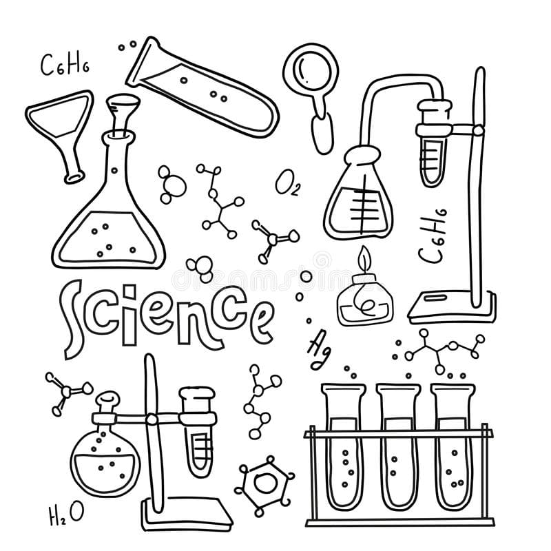 Set Laboratory Equipment Black White Outlined Doodle style hand drawn Childish Chemistry Science Icons