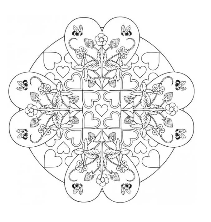 4 Heart Mandala Free Coloring Page