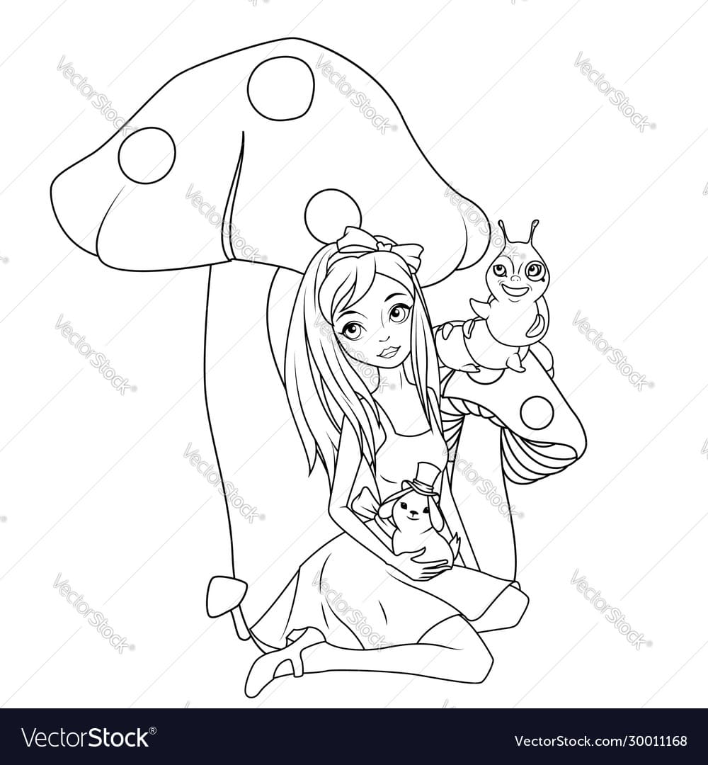 Alice In Front Mushroom Vector Image Coloring Page