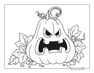 Angry Carved Pumpkin and Fall Leaves Coloring Sheet Coloring Page
