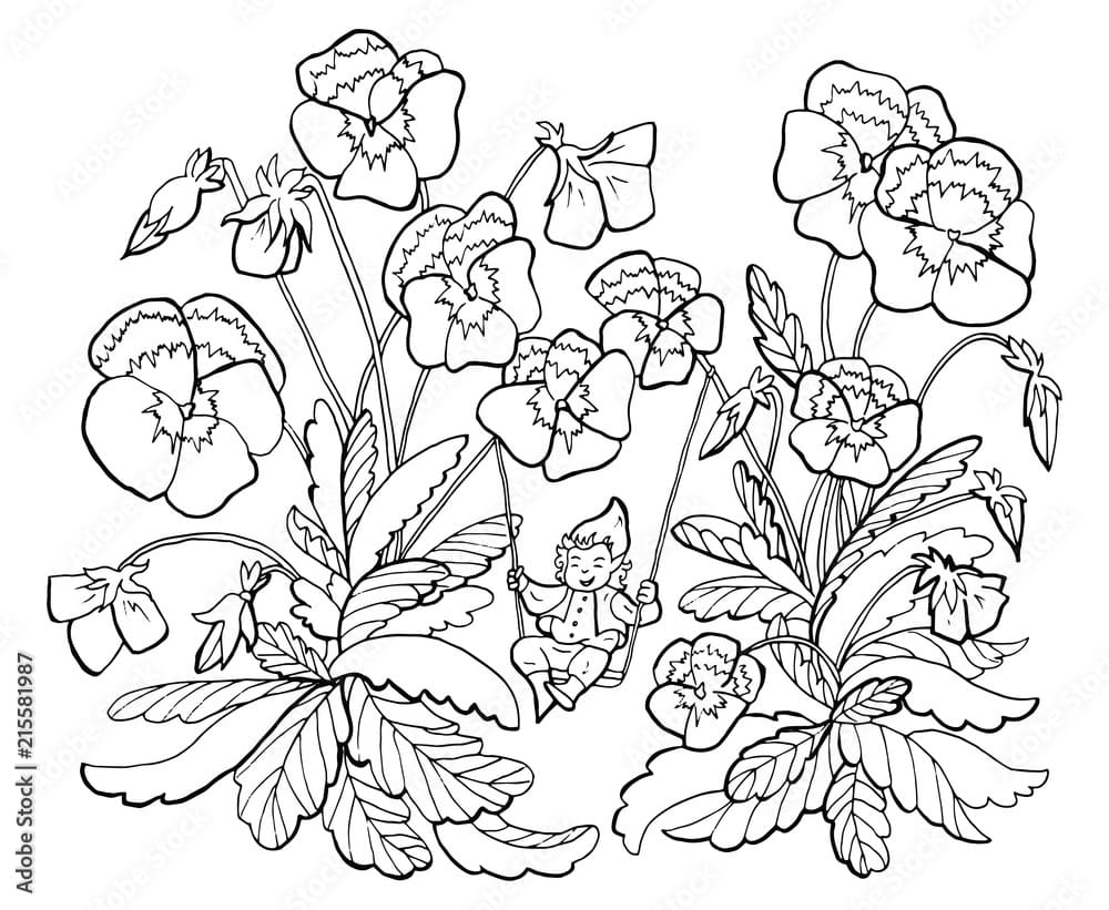 Baby And Pansy Image Free Coloring Page