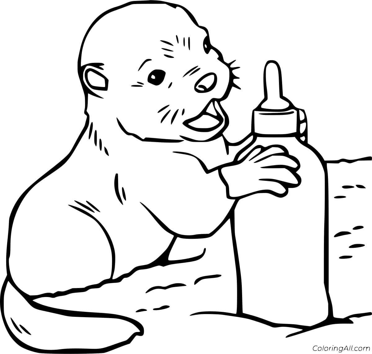 Baby Otter Holds a Milk Bottle Free Printable Coloring Page