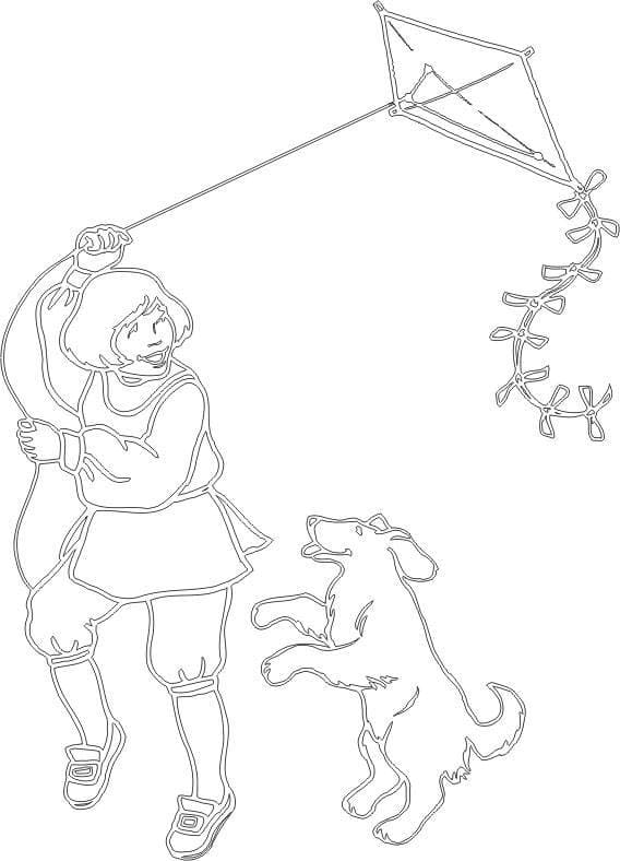 Baby With Dog Play Kite Coloring Page