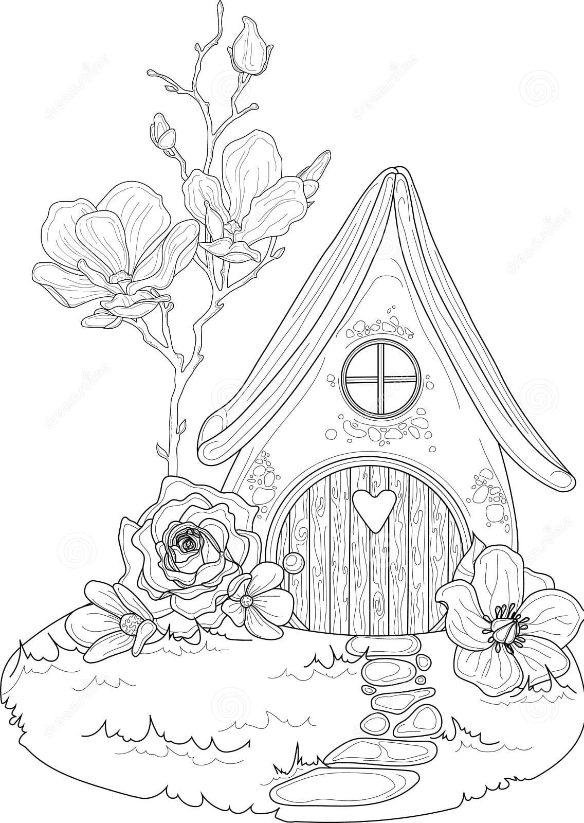 Cartoon Fantasy Graphic Elf House With Roses And Magnolia Flowers
