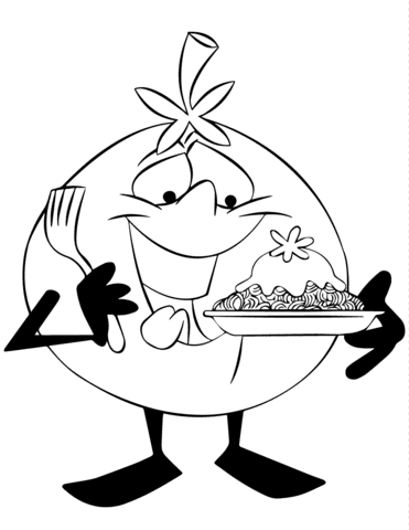 Cartoon Tomato Character Eating Pasta Coloring Page