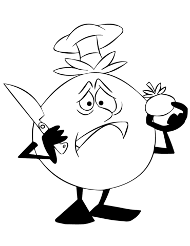 Cartoon Tomato Character Not Wanting to Cut a Tomato Printable Coloring Page