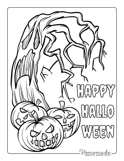 Carved Pumpkins under Scary Tree Coloring Page Coloring Page