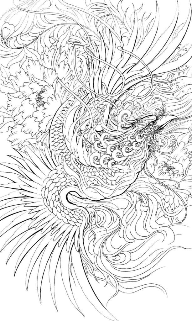 Complex Picture Of A Phoenix Coloring Page
